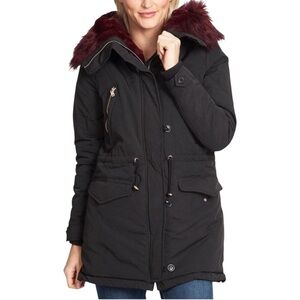 Dex Black zip up parka utility Jacket with Burgundy Faux Fur pockets size large
